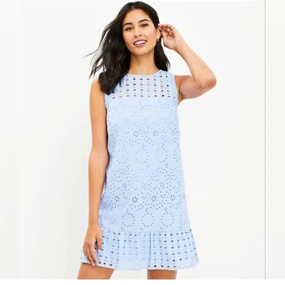 NWT Loft Dress Eyelet Flounce Shift Dress Baby Blue 4 - Picture 1 of 11
